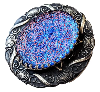 Antique Vtg Coat Button Fancy Prong-Set Blue Glass Center XL Casein Bakelite Era - Image 1 of 4