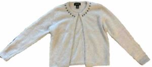 Angora (Rabbit Hair) Cardigan Sweater, Pale Gray, Beaded Neckline, Size Medium