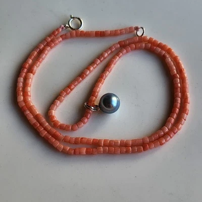 Collar de plata 925 con colgante de perlas AKOYA Kadama de 7,8 mm de 16" de coral rosa Foto 1 de 4