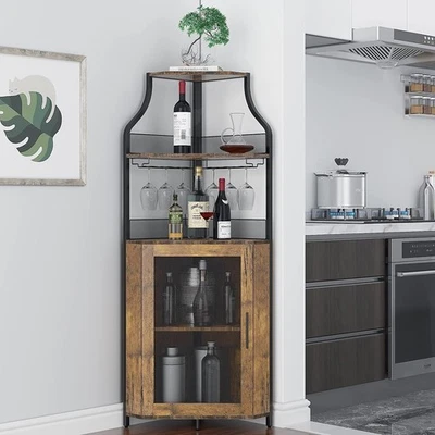 Home Corner Bar Cabinet with Wine Glass Holder, Wine Liquor Storage Display Rack - Image 1 of 4
