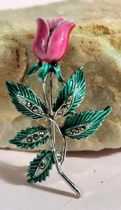 Vintage Silver Tone Enamel And Marcasite Rose Brooch 1950s 5.5cm - Bild 1 von 4