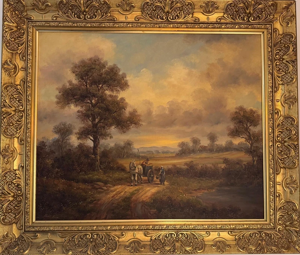 Large Antique oil painting on panel figures landscape signed framed 75/65 cm - Image 1 of 4