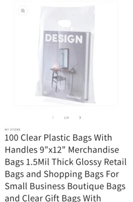 Glossy Merchandise Bags 100 Clear Plastic Bags with Handles 9"x12" 1.5mm Thick - Image 1 of 4