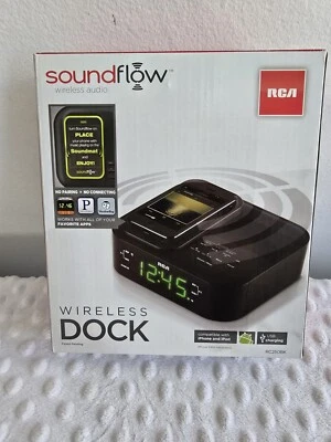 RCA Wireless Dock Alarm Clock FM Radio Soundflow Wireless Technology RC250BK Box - Image 1 of 4