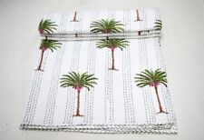 Palm Tree Print Queen Size Indian Cotton Applique Kantha Quilt Bedspread Blanket