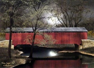 Billy Jacobs Warm Summer's Eve Covered Bridge Full Moon Art Print 16 x 12 - Picture 1 of 1