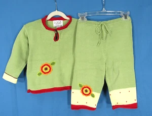 Vtg ZACKALI 4 KIDS 2pc SWEATER SET Green Outfit KNIT Flower TOP/PANTS 3/4 3T/4T - Picture 1 of 10