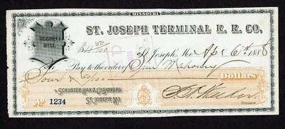 US CHECK ST. JOSEPH TERMINAL R- R. CO. 1888  XF+. - Image 1 of 2