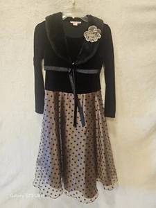 My MIchelle Vintage Girl's Dress Black Brown Velvet Sheer Polka Dot Size 16 - Picture 1 of 17