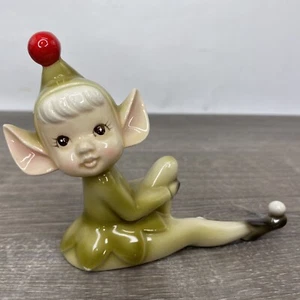 Vintage Keramik Pixie Elfe Figur Knie hoch grün 50er Mid-Century Bradley Weihnachtsdeko - Bild 1 von 9