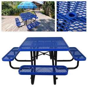 46" Rectangular Steel Commercial Metal Picnic Table for Outdoor w/ Umbrella Hole - Picture 1 of 12