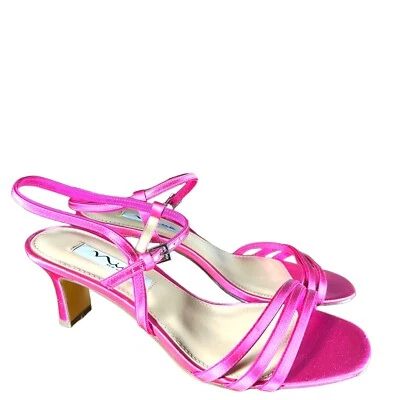 Sandalia de Tacón Nina con Tirantes Tacón de 8 Bloques Boda Baile de graduación Nupcial Barbie Rosa Satinado Foto 1 de 4