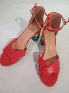 MOD CLOTH Women's Size 5 Rainbow Heels Sandals Shoes Red Peep Toes Ankle Strap - Picture 1 of 11