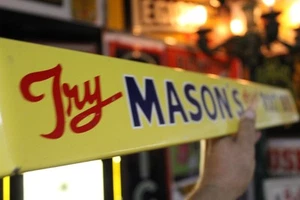SCARCE 1950s TRY MASON'S ROOT BEER PAINTED METAL DOOR PUSH BAR SIGN STORE FLOAT - Picture 1 of 13