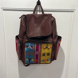 Hand Made Embroidered Leather Backpacks Maroon Colorful Mexican Blanket - Picture 1 of 19