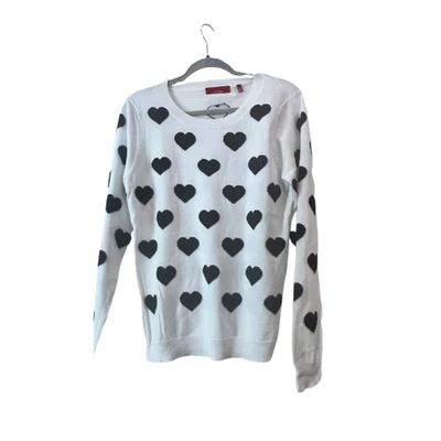  Saks Fifth Ave White/Black Heart Sweater Crew Neck Long Sleeve Soft Knit NWT L - Image 1 of 4