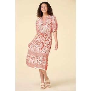 Figueroa & Flower NWT Midi Dress Tiered Floral Cream Coral Orange Size Large - Picture 1 of 11