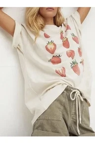 FREE PEOPLE x GIRL DANGEROUS Strawberries Oversized Tee in Antique White S/M - Picture 1 of 9