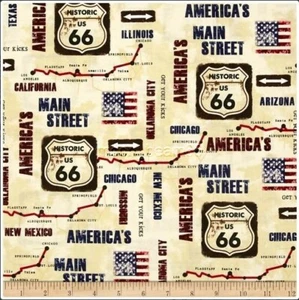 Tela de algodón crema de algodón On The Road Again America Main Road Route 66 por 1/2 yarda - Imagen 1 de 2