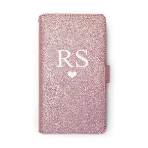Personalizado Iniciales Corazón Rosa Cuero PU Purpurina Teléfono con Tapa Funda - Imagen 1 de 6