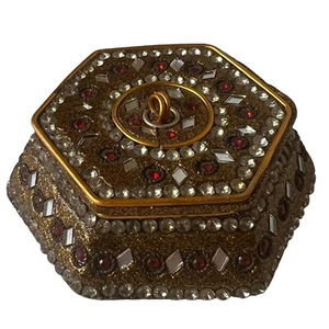 Gold Moroccan Trinket Pill Box Resin India 1990s Mosaic Mirrored Jeweled Red Vtg - Picture 1 of 10