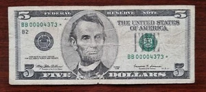 1999 Five Dollar Bill $5 LOW SERIAL NO 00004373 Federal Reserve STAR Note #81494 - Picture 1 of 2