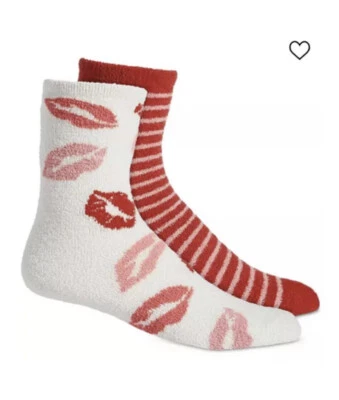 Socks Charter Club Womens Crew 2 Pr Pack Super Soft Fuzzy Pink Red Lips New NWT - Image 1 of 4