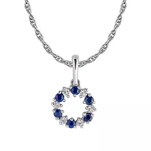10k White Gold Genuine Sapphire and White Topaz Petite Circle Pendant Necklace - Picture 1 of 4