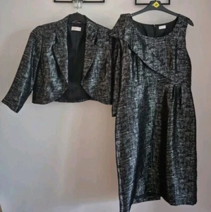 MINUET Petite Dress Suit Metallized Silver Grey Dress UK 14 Jacket UK 12 ... - Picture 1 of 8