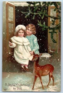 Weihnachts Postkarte Kinder Hirsch Schnee Winter geprägt Peoria Illinois IL 1908 - Bild 1 von 2