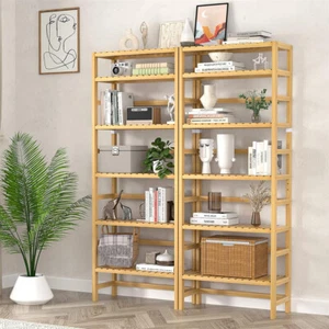 6 Tier Natural Bamboo Bookshelf 64'' Tall Bookcase Kitchen Storage Shelving Unit - Picture 1 of 12