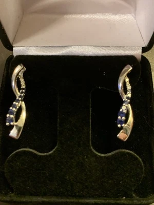 diamond and sapphire earrings 10k white gold - Image 1 of 4