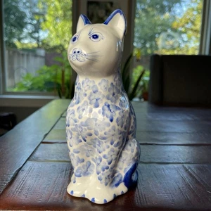 Ceramic Cat Figurine Hand Painted Blue And White Floral 8”x3.5”x4.25” Thailand - Picture 1 of 11