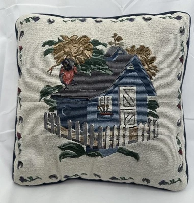 Almohada tapiz vintage cabaña jardín piquete cerca aves cobertizo para macetas de campo Foto 1 de 3