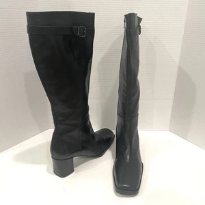 VIA SPIGA ITALY Women Black Leather Zip Square Toe Knee High Heel Tall Boots 10 - Picture 1 of 15