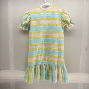 Vintage Kinderkleid Handarbeit Röhrenstil Pastell Rosa Blau Gelb Kleid - Bild 1 von 3