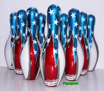 HOT ROD UNDERGROUND 10 Ten Miniature Bowling Ten-Pin 7 1/2" Tall Stars & Stripes Patriotic US Flag