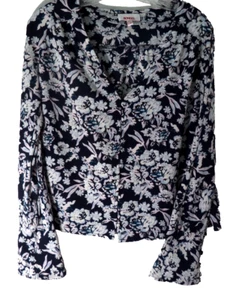 Blusa donna BONGO grande L floreale bottoni cropped taglia blu bianco scollo a V - Foto 1 di 12