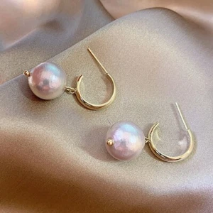 18K Gold Filled Simulated Pearl Drop Purple Half Hoop Light Weight Earrings - Picture 1 of 5