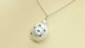 Ladies 9 Carat Gold on 925 Sterling Silver Baroque Pearl & Sapphire Necklace - Picture 1 of 14