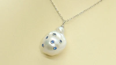 Collar de perlas barrocas y zafiros de plata de ley 925 de oro de 9 quilates para dama Foto 1 de 4