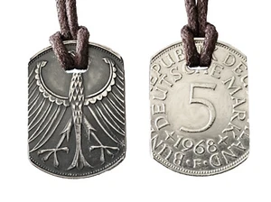 Anhänger Bundesadler Dog Tag 5 DM mit Datum aus 625er Silber + Baumwollband 2mm - Picture 1 of 6