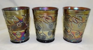 Dugan Floral and Grape 3 Water Tumblers - Amethyst Carnival Glass - Picture 1 of 5