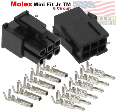 Conector Molex 6 pines negro 13,0 A 4,20 mm, con 18-24 AWG pin Mini-Fit Jr (juego de 5) Foto 1 de 4