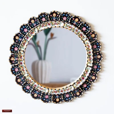 Handmade Peruvian Round Mirror Wall Art – Boho Floral Folk Art –Gold Black Frame - Image 1 of 4