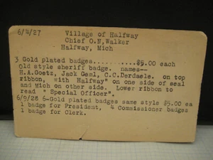 1927 Village Halfway Chief Walker 1928 President Krecke Insignia Ventas Tarjeta de registro - Imagen 1 de 3