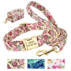 3pcs/set Dog Collar Personalised + Nylon Flower Pet Leash Lead + Poop Bag Holder - Picture 1 of 15