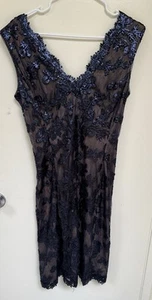 Vestido Vaina Tadashi Shoji Lentejuelas Bordado Encaje Cuello en V Sin Mangas AZUL MARINO Talla 8 - Imagen 1 de 8