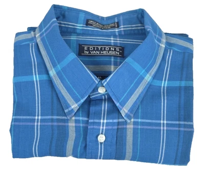 VTG Van Heusen Blue Plaid Mens SzXL Button Up Short Sleeve Shirt Preppy Hipster - Image 1 of 4