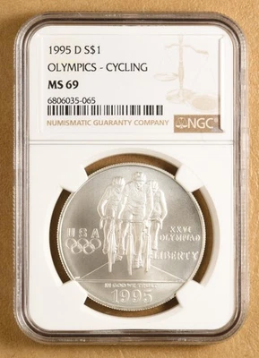 1995 D Olympics Cycling Commemorative Silver Dollar NGC MS69 - Image 1 of 2